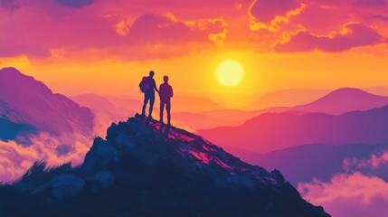 Silhouetted figures atop a mountain peak, basking in vibrant sunset hues