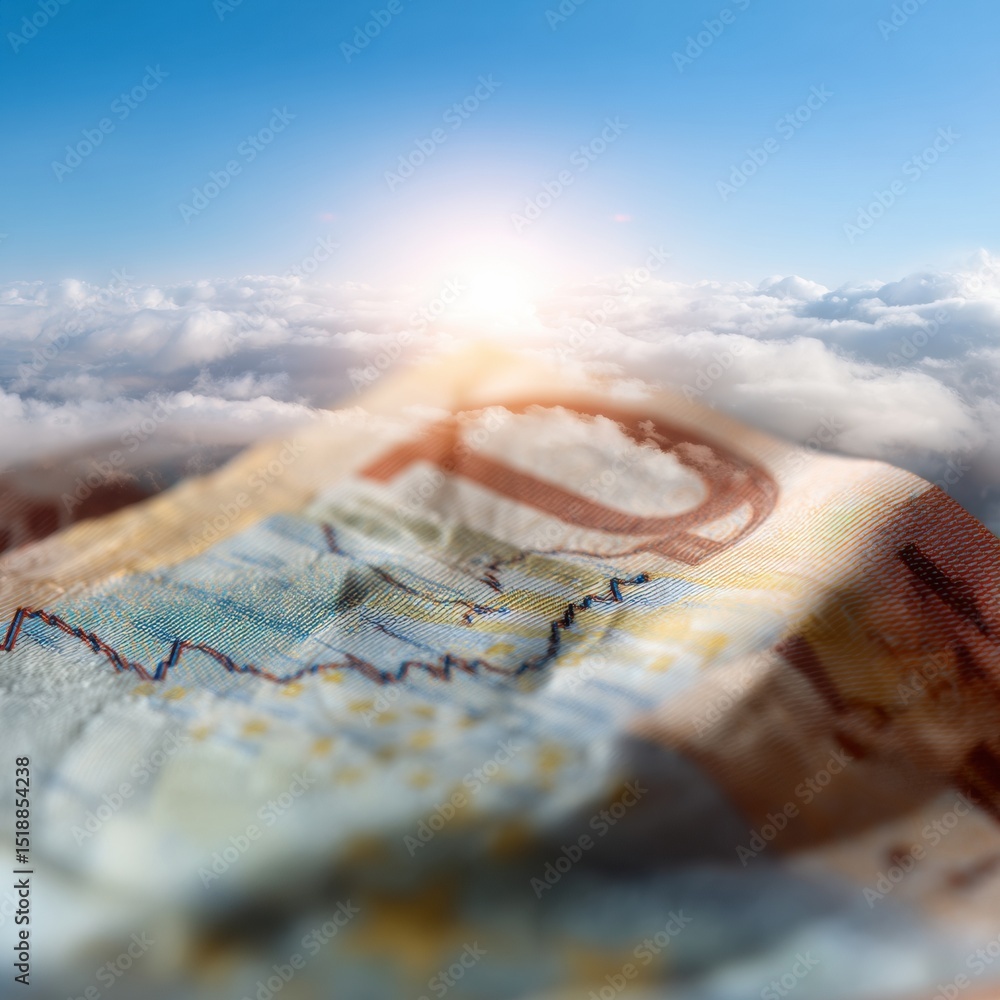 Poster Currency Note with Financial Data Overlay Above Clouds Symbolizing Investment Trends and Economic Forecasting for Inflation and Safe-Haven Strategies