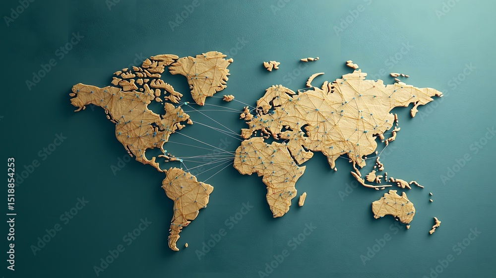 Aufkleber a three-dimensional, textured world map crafted from pale-yellow material, is adorned with numerous 