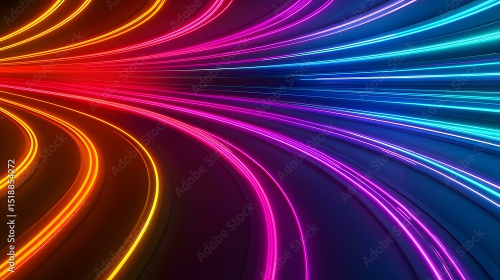 Poster the image contains abstract, glowing lines of light in orange, pink, purple, and blue, curving and c