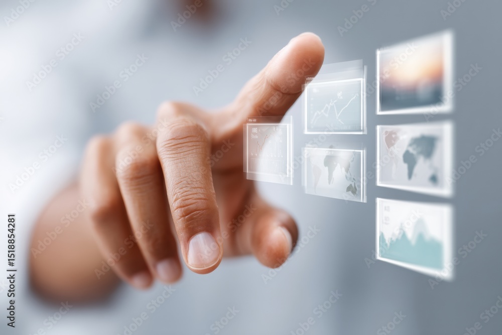 Poster Businessman Interacting with Floating Digital Interface Showing Financial Metrics and Market Data for Advanced Investment Analysis and Risk Management