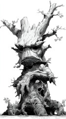 Fototapeta premium Monochrome Fantasy Tree Illustration - Mystical Environments in Black and White