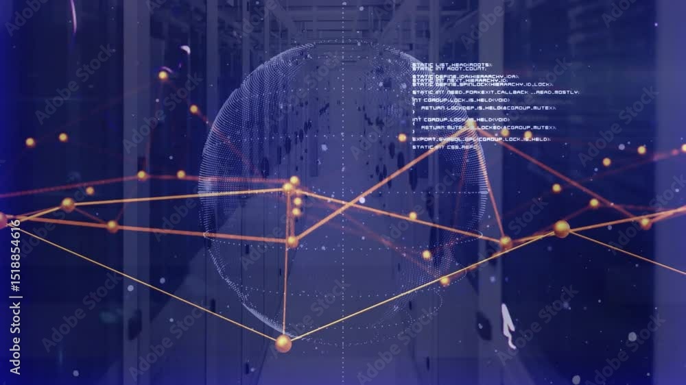 Poster with glowing nodes forming, digital globe rotating and expanding web showing data flow