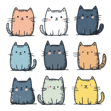 Naklejki Cute and funny cats doodle vector set