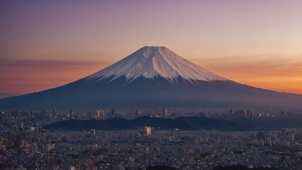 Mt. Fuji, mount Fuji-san tallest volcano mountain in Tokyo, Japan. Snow capped peak, conical sacred symbol, purple, orange sunset nature landscape backdrop background wallpaper, travel destination