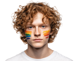 Teenage male with curly hair displays vibrant rainbow face paint, symbolizing pride and inclusivity. His expression is serious yet confident, embodying strong message of acceptance and love