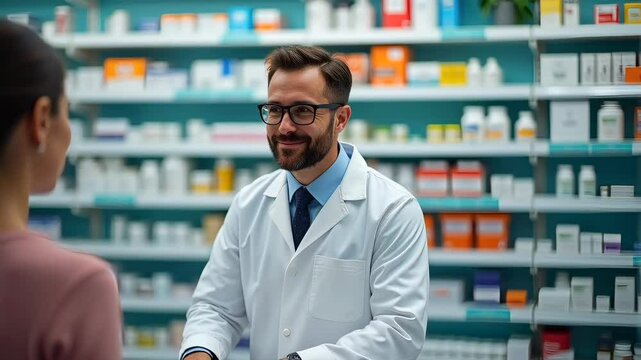 Male pharmacist assisting customer in modern pharmacy interior
