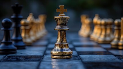 A close up of a chess board with a gold king in focus and other pieces in the background blur