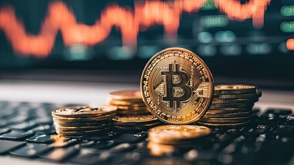 A close up of bitcoin coins stacked on a laptop keyboard with a graph in the background