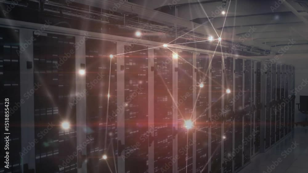 Poster fading in server rack overlay pulsating light flares, shifting colors showing data traffic surges