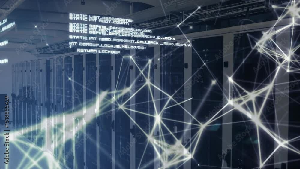 Poster camera holding steady showing network mesh emerging over racks and code clustering visualizing data