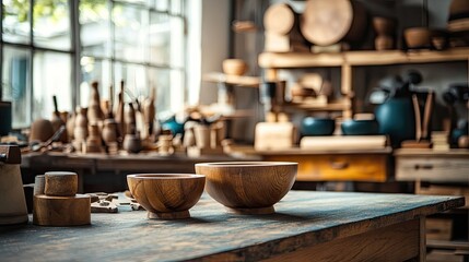 Wooden bowls and crafted items displayed in a workshop with natural light from a large window