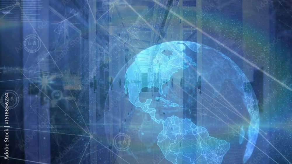 Poster on start, charts and bars fading, emerging globe rotating connecting nodes, visualizing network