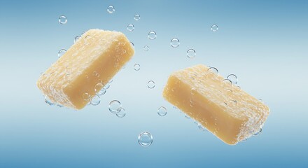 Soap Bars in Water with Bubbles for Hygiene and Cleanliness A Gentle Product for Washing in Water Isolated Against a Blue Background