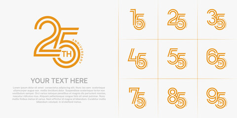 Anniversary logo style double line number set. orange color on white background for celebration event