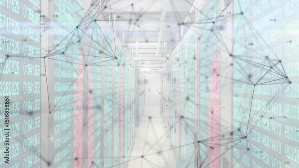 Poster Teal data streams scrolling server racks causing network mesh pulsing fading for data flow display
