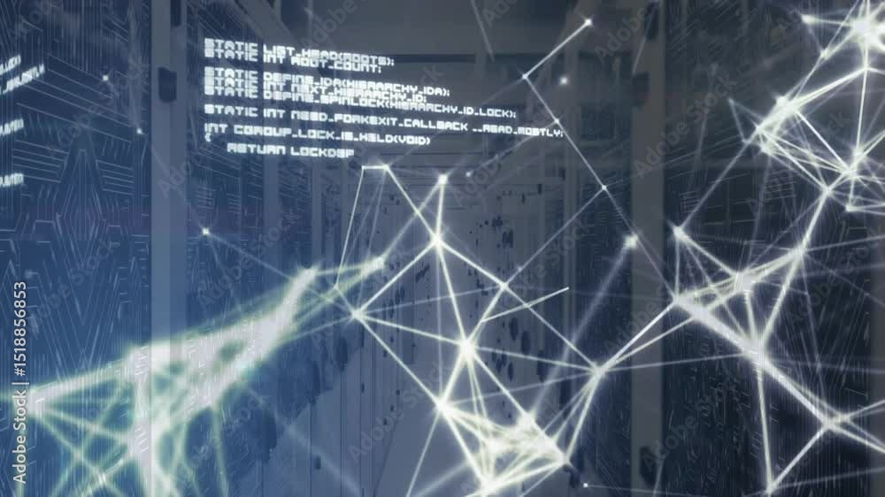 Poster on startup materializing network overlay over server racks, code blocks shifting to show data flow