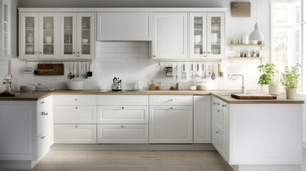 Fototapeta premium White corner kitchen with light wooden countertop.