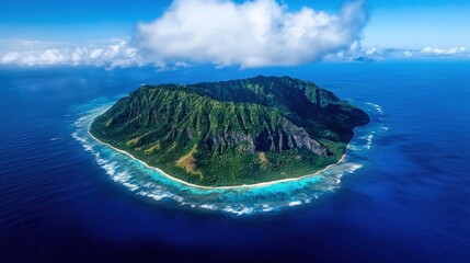Aerial view of a remote island surrounded by coral reefs and deep blue ocean waters