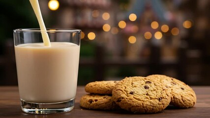 Pouring milk into a glass with chocolate chip cookies - Powered by Adobe