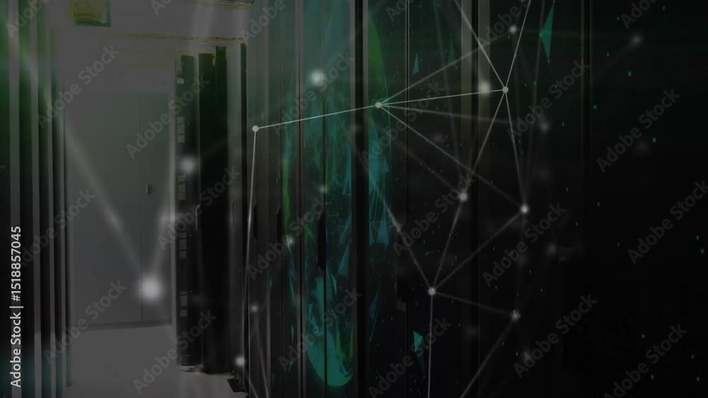 Poster network materializing on server racks, rotating globe intensifying, visualizing data connectivity