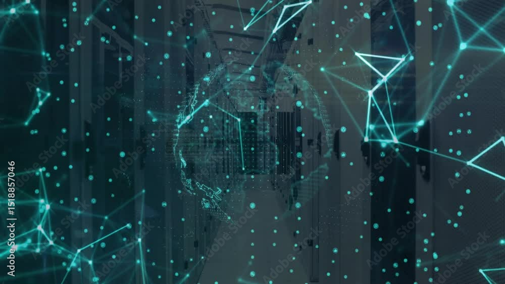 Poster materializing digital dot-matrix globe spinning over server racks, displaying global data flows