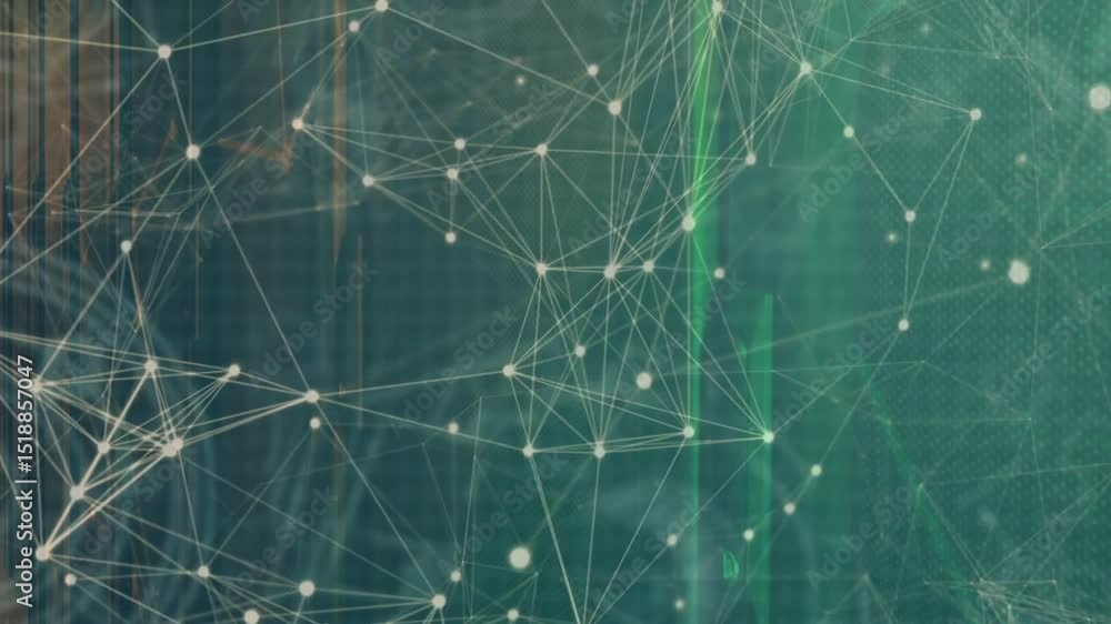 Poster receiving frame updates, white nodes linking into mesh as green bands glowing visualizing data flow