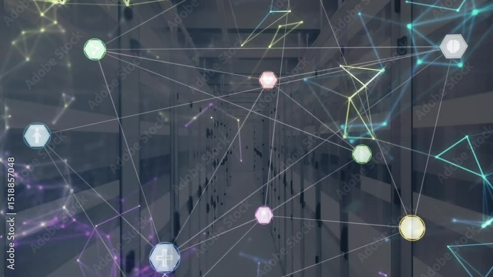 Poster after corridor darkening pastel hexagonal nodes fading in forming mesh visualizing data flow