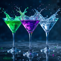 Neon Layered Martini Splash: Trio of Glowing Cocktails