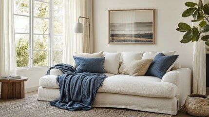 A bright living room with a white sofa, blue throw blanket, and a large window with white curtains