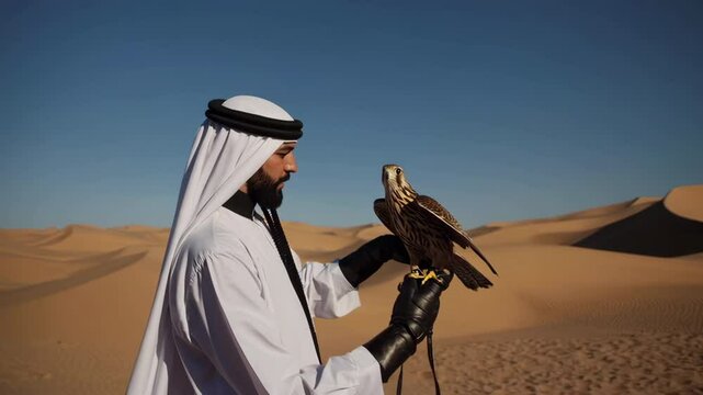 Falconer holding saker falcon in desert landscape