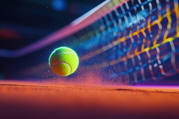 Tennis ball in mid-flight,  passing through net,  with vibrant colors and dynamic motion.  Particles of dust swirl around