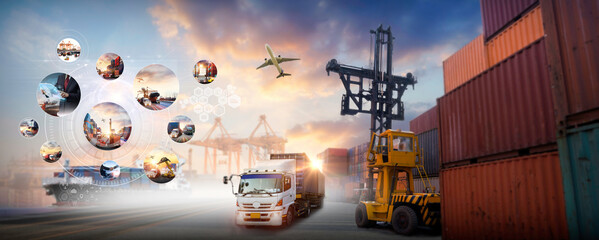 Global business of Container Cargo freight train for Business logistics concept, Air cargo trucking, Rail transportation and maritime shipping, Online goods orders worldwide