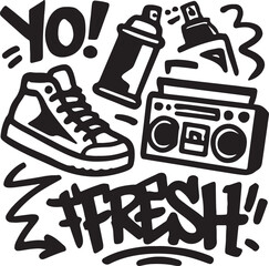 "Graffiti-style black and white vector with streetwear elements, sneakers, boomboxes"