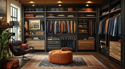 A walk in closet with dark shelves and a leather chair and ottoman in a well decorated space