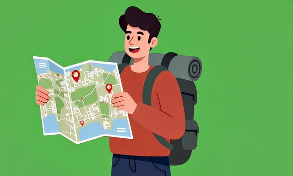 Cartoon man reading map while backpacking