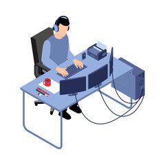 Person Working on Multiple Computer Screens. An isometric illustration of a person seated at a desk, engrossed in work on a computer setup with multiple monitors and a printer.