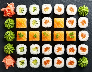Overhead view of assorted sushi rolls with wasabi and ginger on a dark textured background