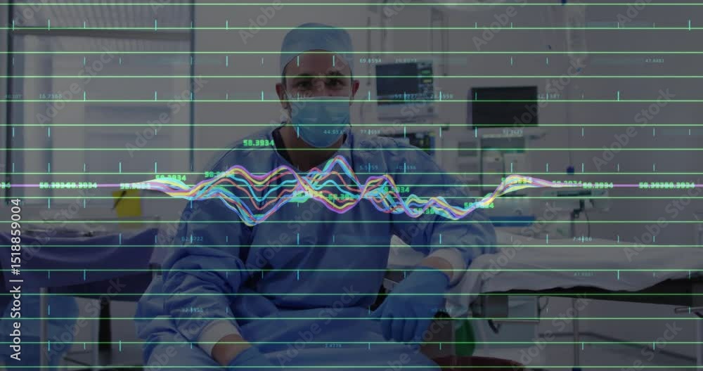 Poster surgeon sitting on stool receiving patient data and monitoring rising waveform graph in health tech