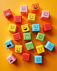 Naklejka premium Colorful Cubes with Cartoon Facial Expressions Showing Emotions Like Happy, Sad, Angry, and Surprised on White Background for Emotional Learning, Kids Education, Therapy, and Creative Development Them