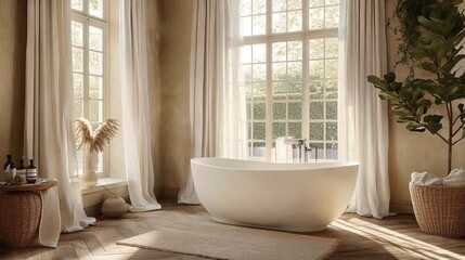 A bright bathroom with a freestanding tub, large windows, and neutral color palette, with plant decor