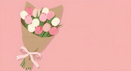 Pink and White Tulip Bouquet Wrapped in Brown Paper on Pink Background