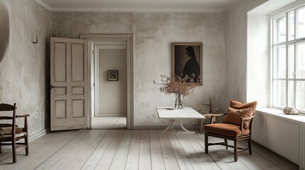Interior view of a room with wooden floors, chairs, table, painting, and an open door in a house