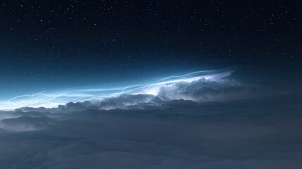 Fototapeta premium new high-altitude scene, anvil cloud top in the lower part of the frame, richly detailed, its surface illuminated by softer, irregular, diffuse cool-toned glows emanating from.