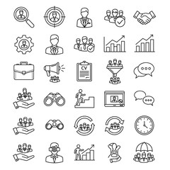 Business and human resources  line art icon set depicting hiring recruitment teamwork communication and growth representing business concepts