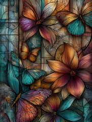 Beautiful abstract stained glass design with butterflies flowers --chaos 20.