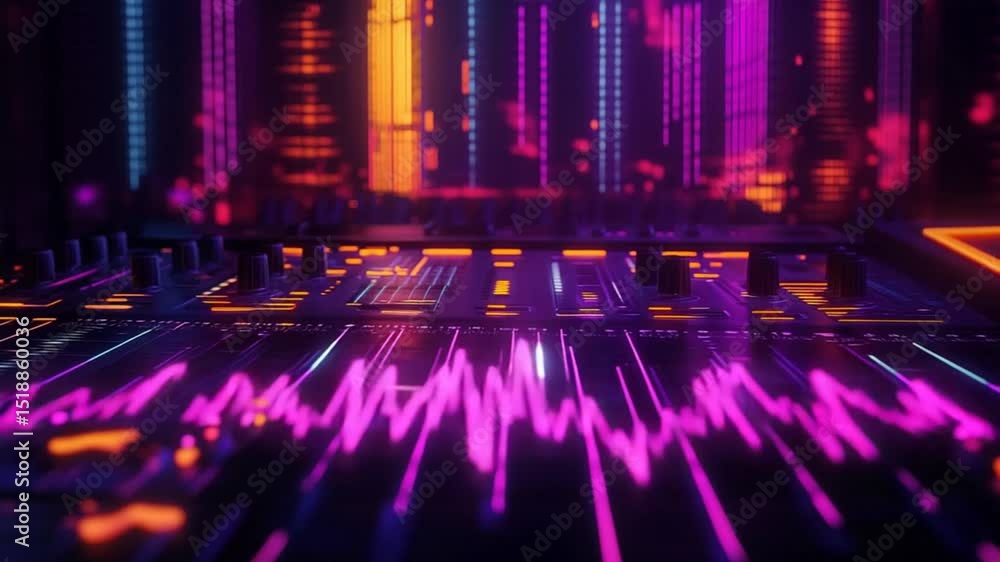 Poster vibrant futuristic audio mixing console displaying dynamic sound waves and equalizer bars