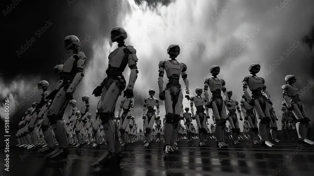 Poster futuristic robot army advancing across a dark plain, automation and artificial intelligence
