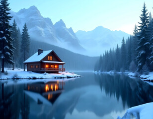 Cozy Winter Cabin by Lake in Snowy Forest with Mountains – Peaceful Nature Scene