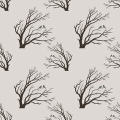 A seamless wallpaper with dry branch patterns represents a deciduous leaf. There are two birds, a vector pattern